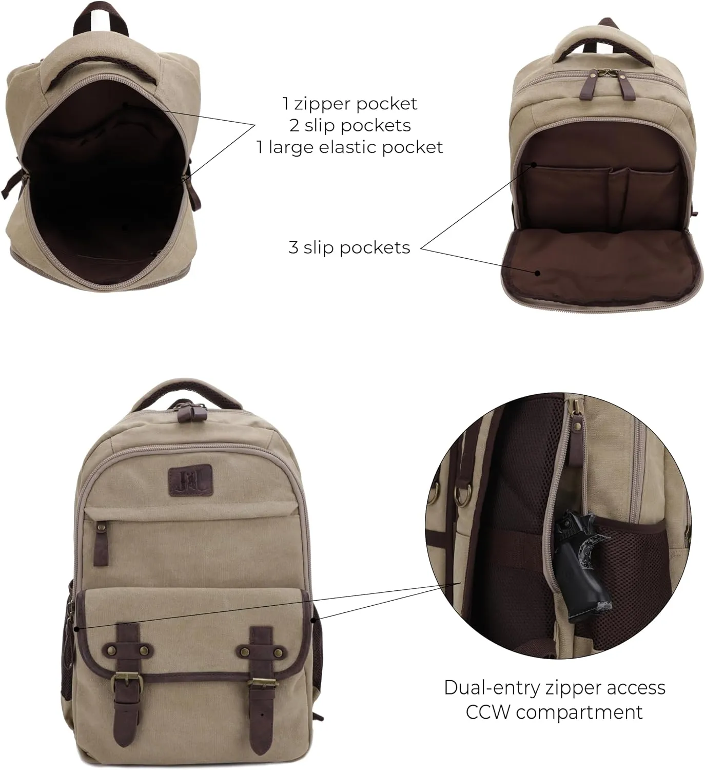 JESSIE & JAMES Alpine CCW Lock and Key For Men Women Outdoors Backpack - Khaki