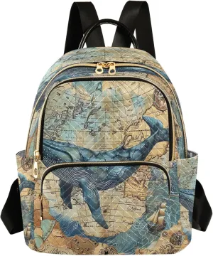 Joisal Blue Whale Vintage Maps Small Backpack Purses Anti Theft Travel Back Pack Medium Camping Backpack