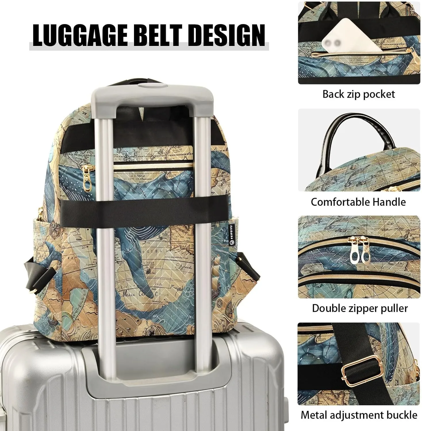 Joisal Blue Whale Vintage Maps Small Backpack Purses Anti Theft Travel Back Pack Medium Camping Backpack