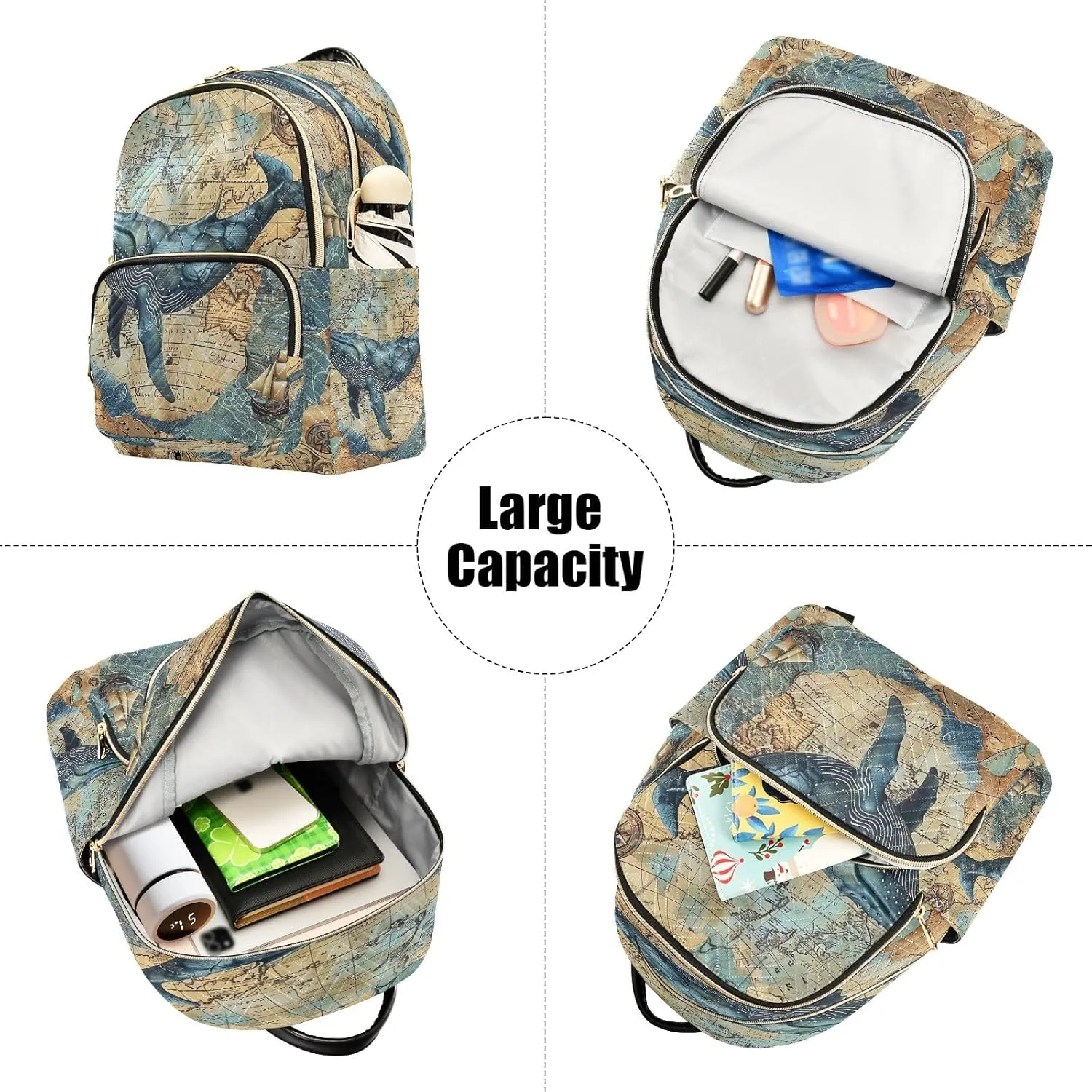 Joisal Blue Whale Vintage Maps Small Backpack Purses Anti Theft Travel Back Pack Medium Camping Backpack
