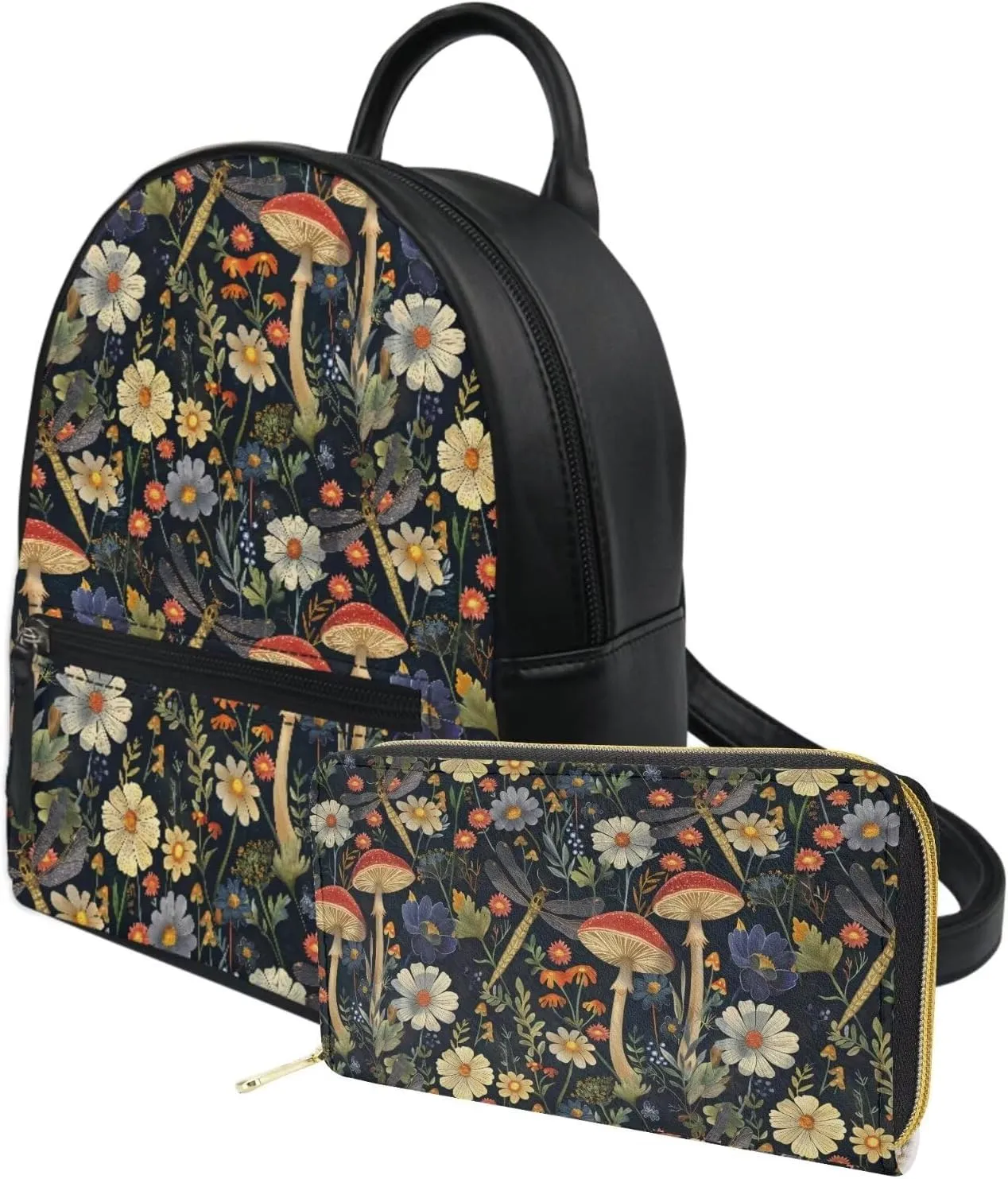 JoyLamoria Brown Mushroom Backpack Shoulder Bag Backpack Lightweight Portable 2Pcs Wallet Coin Purse Handbag for Women Girls