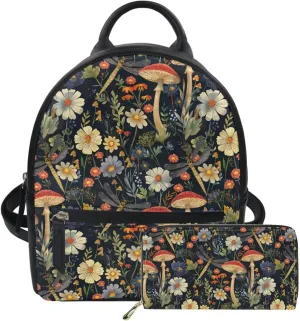 JoyLamoria Brown Mushroom Backpack Shoulder Bag Backpack Lightweight Portable 2Pcs Wallet Coin Purse Handbag for Women Girls