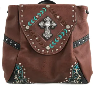 Justin West Trendy Western Cross Rhinestone Leather Conceal Carry Top Handle Square Backpack Purse