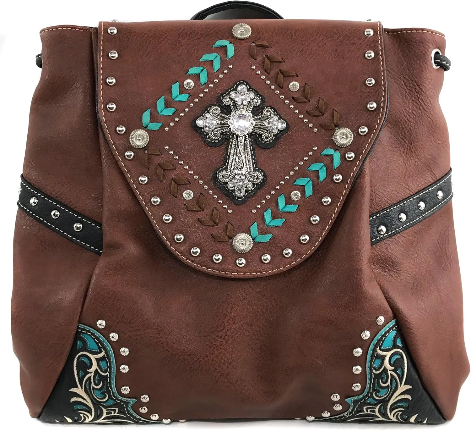 Justin West Trendy Western Cross Rhinestone Leather Conceal Carry Top Handle Square Backpack Purse