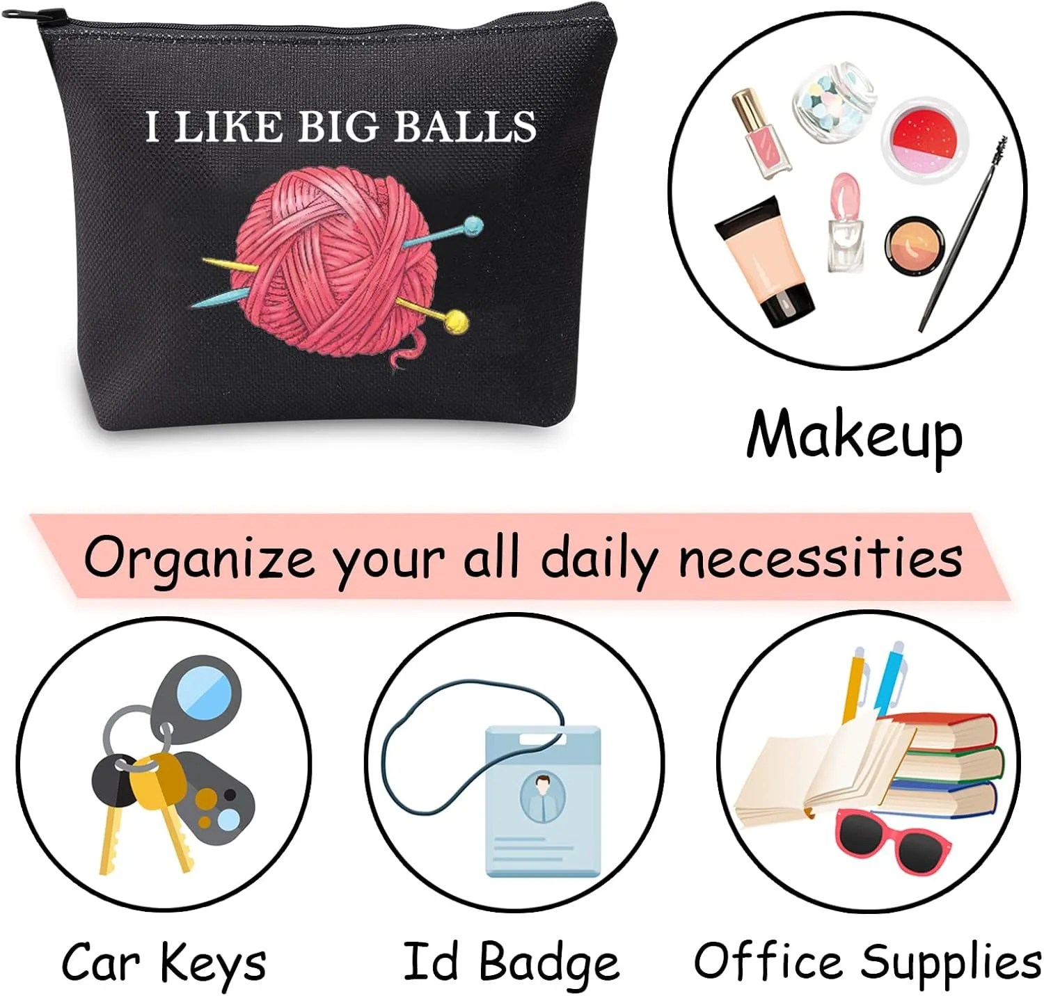 JXGZSO Crochet Supplies Knitting Project Bag - I Like Big Balls Make Up Bag Funny Knitting Gift For Knitter (Black)