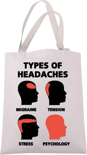 JXGZSO Funny Psychologists Gift Types Of Headaches Canvas Tote Bag Clinical Psychologist Gift Mental Health Shoulder Bag