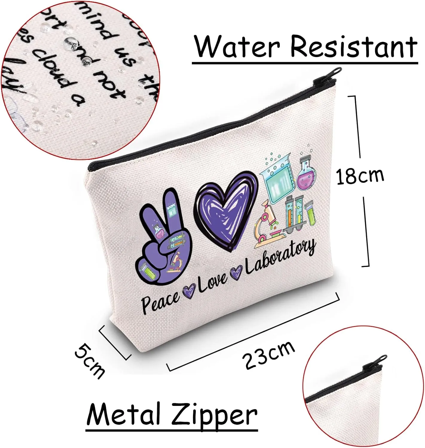 JXGZSO Lab Technician Makeup Bag Gift For Science Lovers Peace Love Laboratory Cosmetic Bag Biology Teacher Gift