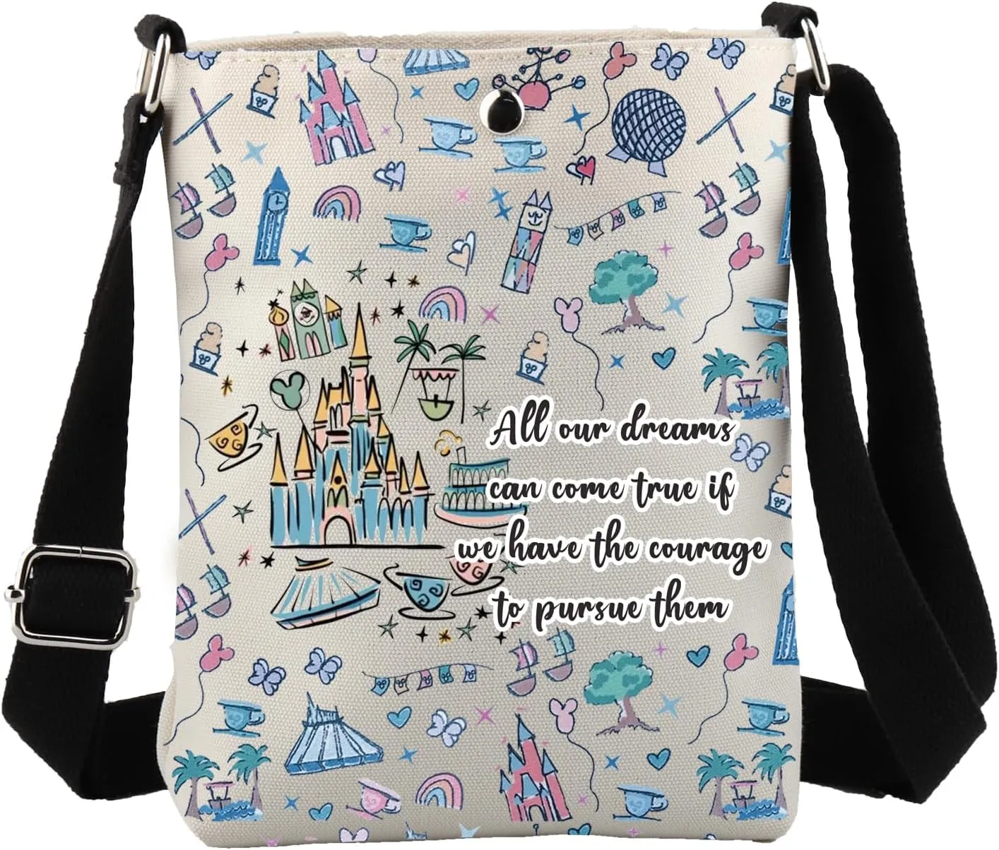JYTAPP Vacation Travel Gift Faily Cartoon Tales Fan Crossbody Bag All Our Dreams Can Come True Magic Castle Park Merchandise