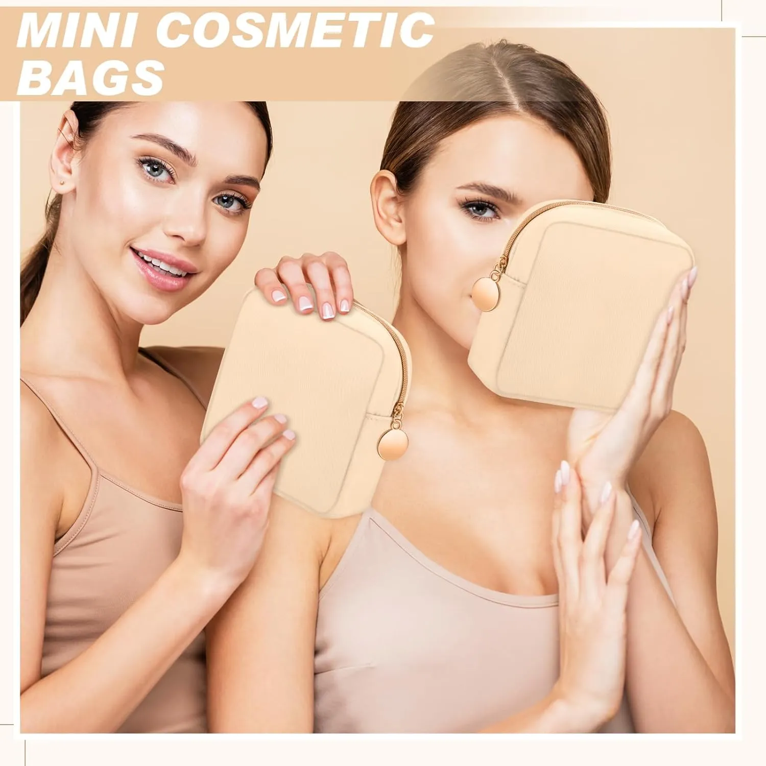 Kacctyen 12 Pcs Mini Makeup Bag Nylon Small Pouch for Purse Mini Square Nylon Pouch with Zipper Small Cosmetic Travel Makeup Bag Purse Organizer for Women(Beige Color,Regular)