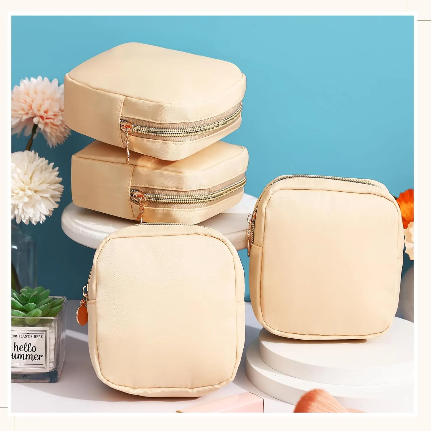 Kacctyen 12 Pcs Mini Makeup Bag Nylon Small Pouch for Purse Mini Square Nylon Pouch with Zipper Small Cosmetic Travel Makeup Bag Purse Organizer for Women(Beige Color,Regular)