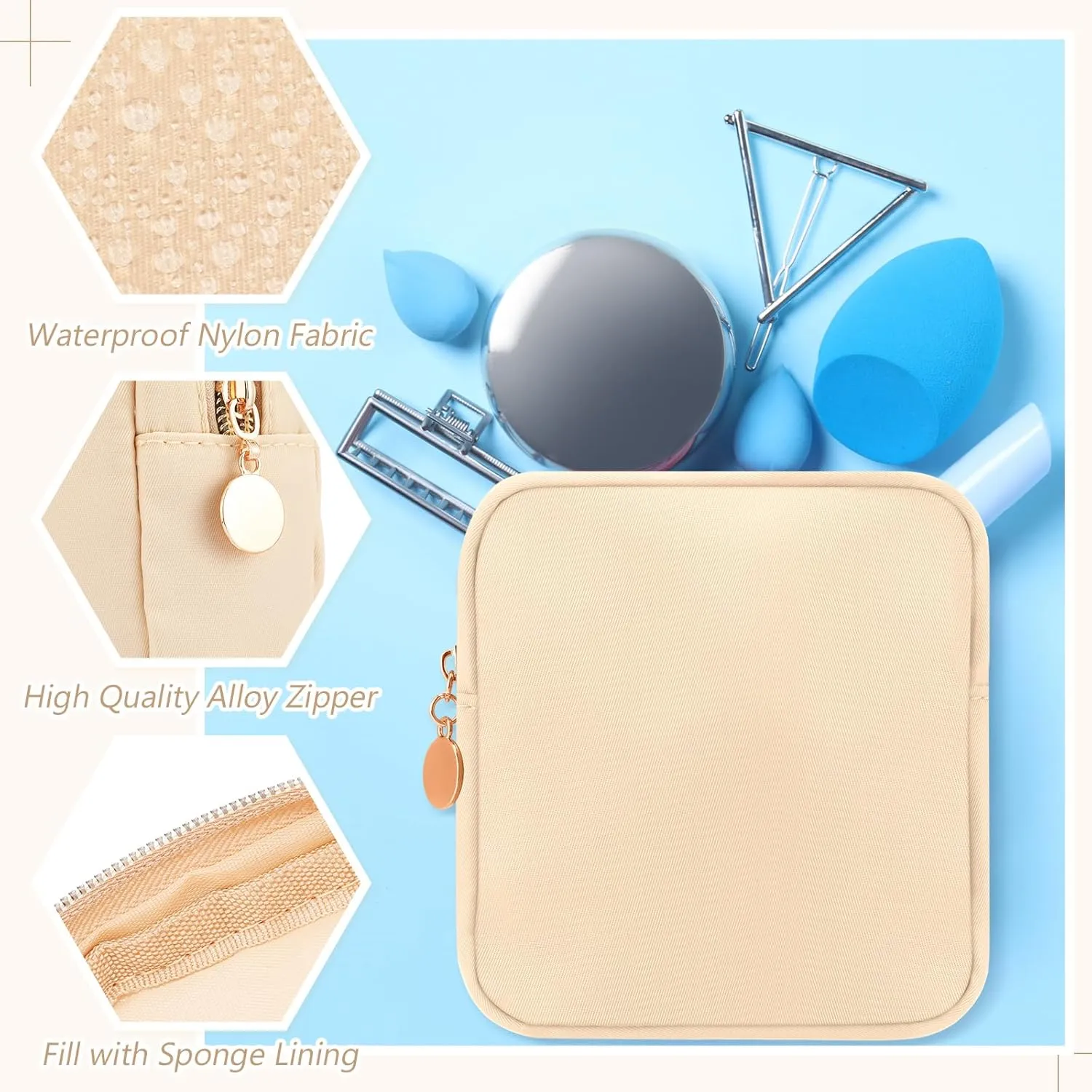 Kacctyen 12 Pcs Mini Makeup Bag Nylon Small Pouch for Purse Mini Square Nylon Pouch with Zipper Small Cosmetic Travel Makeup Bag Purse Organizer for Women(Beige Color,Regular)