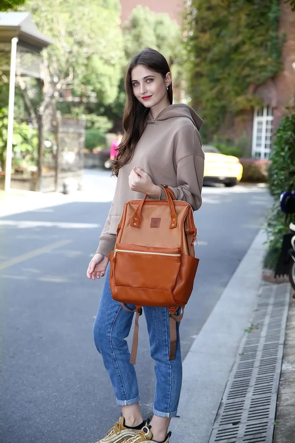 Kah&Kee Leather Backpack for Women and Men 15-inch Laptop Bag | Teacher Professional, Diaper Bag Backpack, Ideal for Work, School, Nurse, College & Travel (Buff/Camel, Medium)