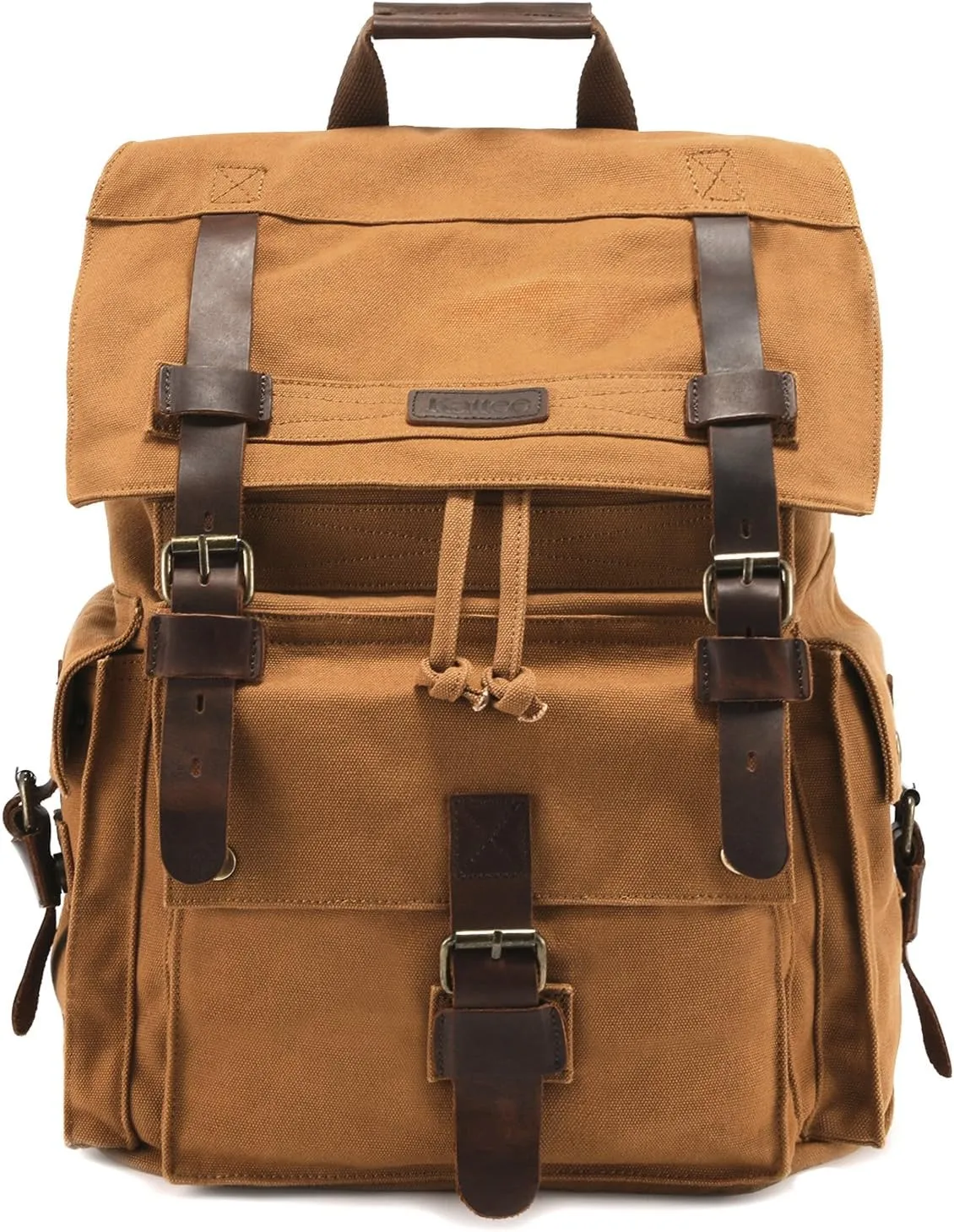 Kattee Men’s Leather Canvas Backpack Large School Bag Travel Rucksack Khaki