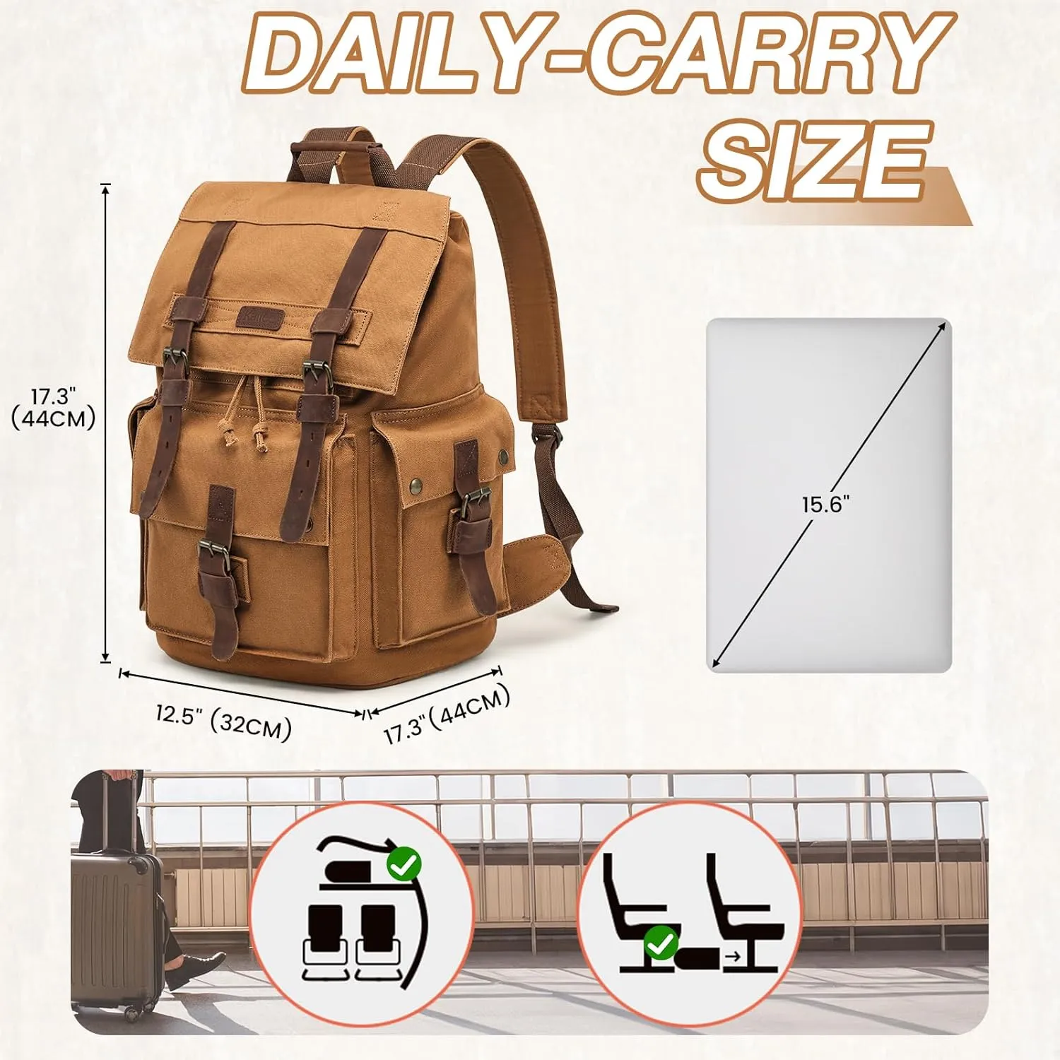 Kattee Men’s Leather Canvas Backpack Large School Bag Travel Rucksack Khaki