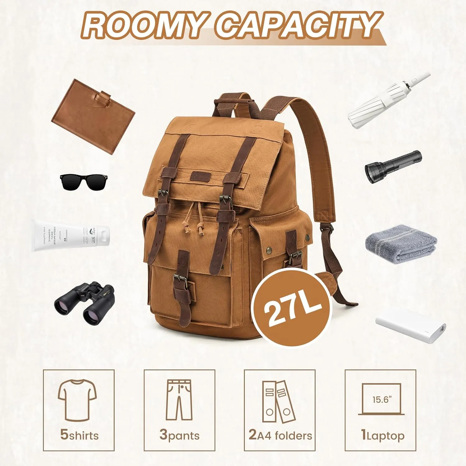 Kattee Men’s Leather Canvas Backpack Large School Bag Travel Rucksack Khaki
