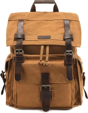 Kattee Men’s Leather Canvas Backpack Large School Bag Travel Rucksack Khaki