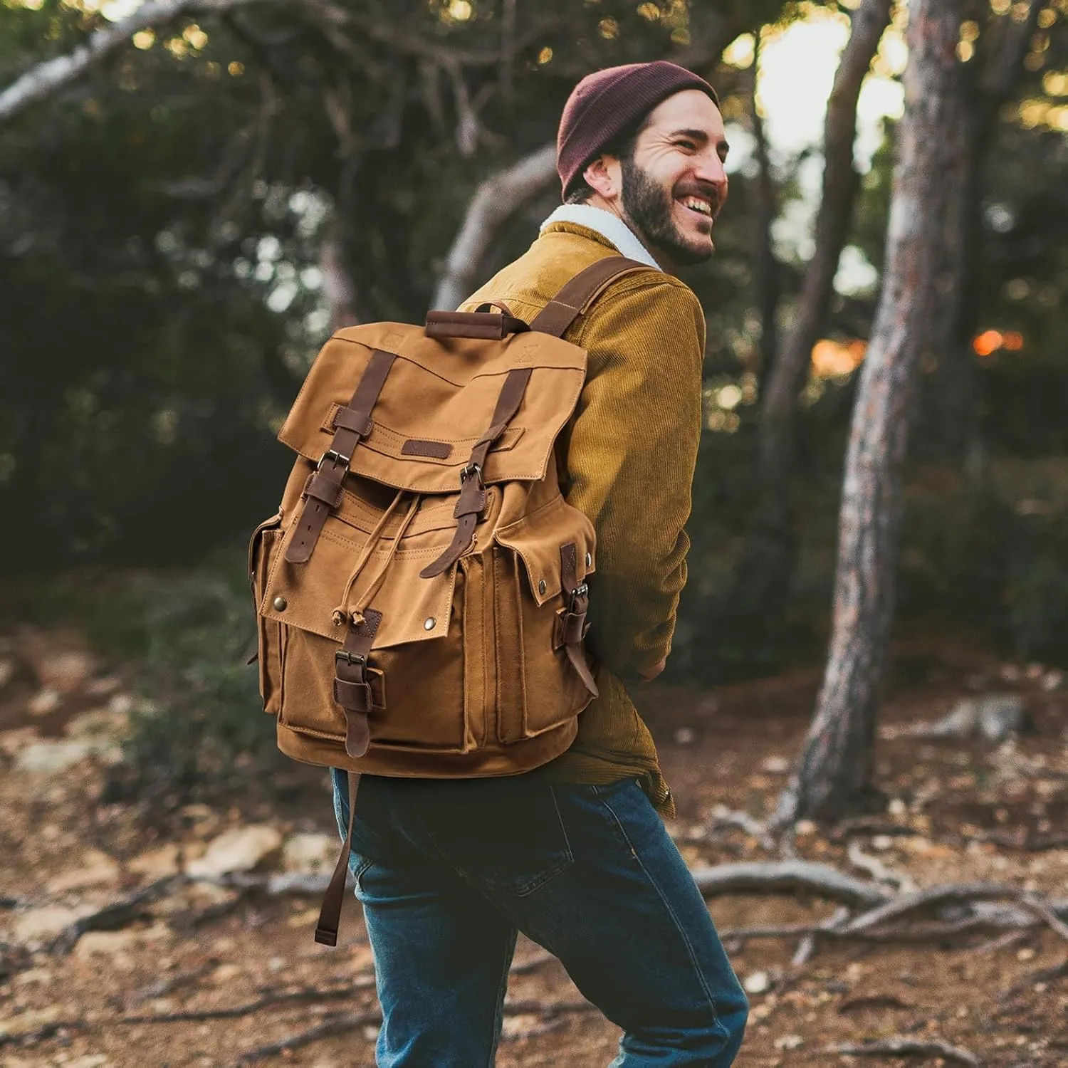 Kattee Men’s Leather Canvas Backpack Large School Bag Travel Rucksack Khaki