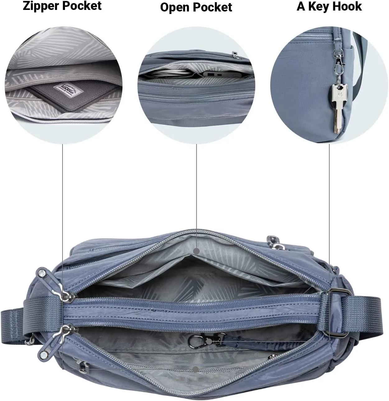 KAUKKO Women Crossbody Bag Handbag Lightweight Shoulder Purse Nylon Multi Pocket Crossbody Bag Ladies Travel Handbag