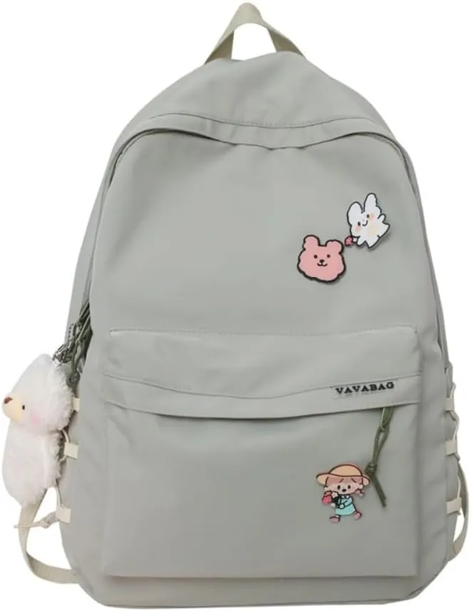 Kawaii Backpack with Cute Accessories Aesthetic 15.6 Inch Laptop Backpack Pin Plush Pendant (Green,Single Backpack)