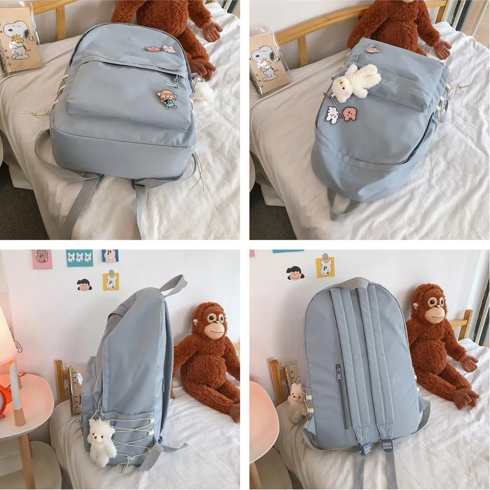Kawaii Backpack with Cute Accessories Aesthetic 15.6 Inch Laptop Backpack Pin Plush Pendant (Green,Single Backpack)