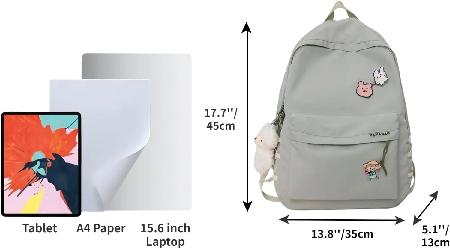 Kawaii Backpack with Cute Accessories Aesthetic 15.6 Inch Laptop Backpack Pin Plush Pendant (Green,Single Backpack)