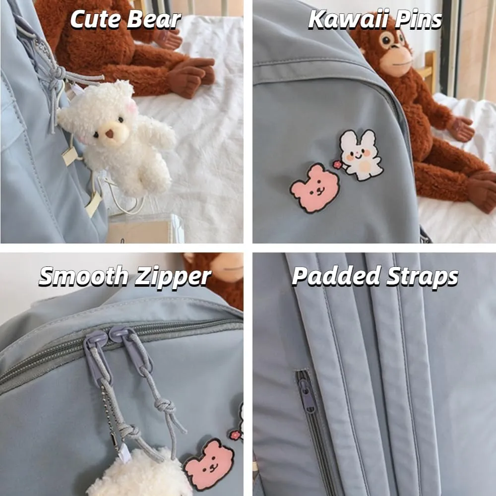 Kawaii Backpack with Cute Accessories Aesthetic 15.6 Inch Laptop Backpack Pin Plush Pendant (Green,Single Backpack)