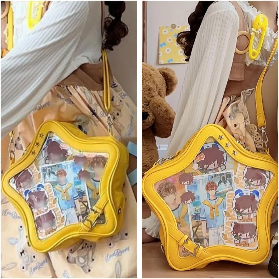 Kawaii Ita Bag Backpack Star Pins Display Crossbody Bag with Insert Y2k Aesthetic Cute Handbag for Anime Comic Con (Yellow)