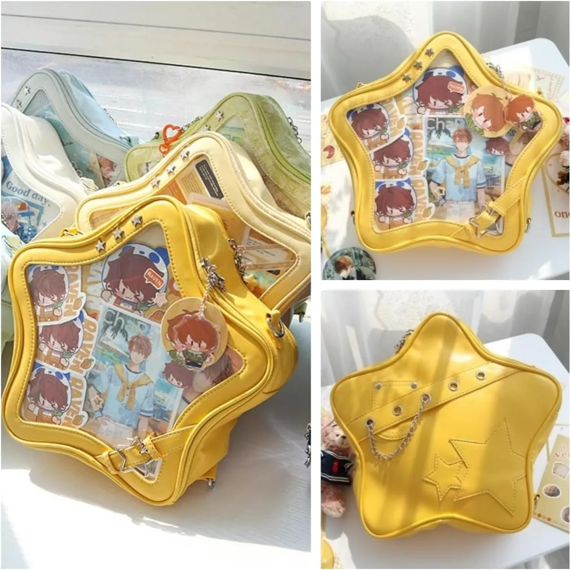 Kawaii Ita Bag Backpack Star Pins Display Crossbody Bag with Insert Y2k Aesthetic Cute Handbag for Anime Comic Con (Yellow)