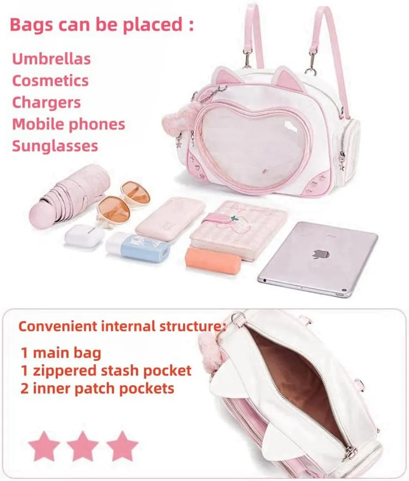 Kawaii Ita Bag Cat Pin Backpack Shoulder Crossbody Bag for Miku Anime Heart Clear Layer with Insert