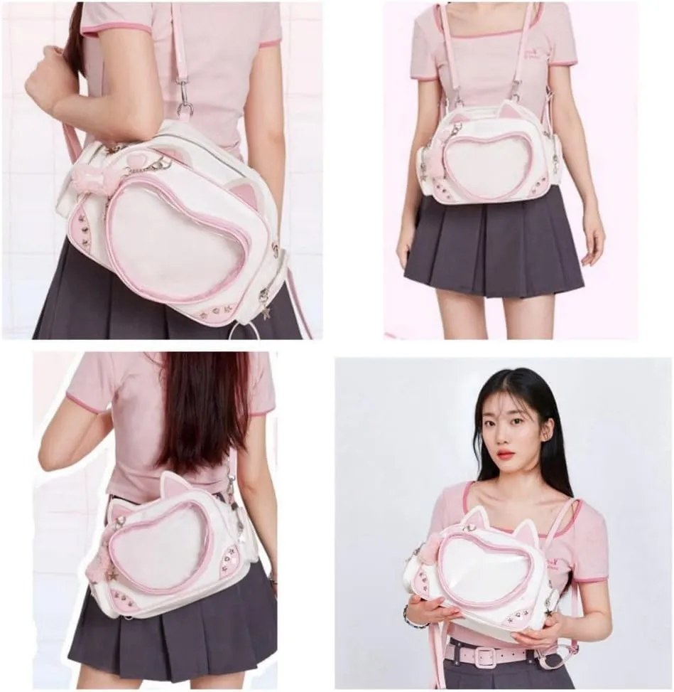 Kawaii Ita Bag Cat Pin Backpack Shoulder Crossbody Bag for Miku Anime Heart Clear Layer with Insert
