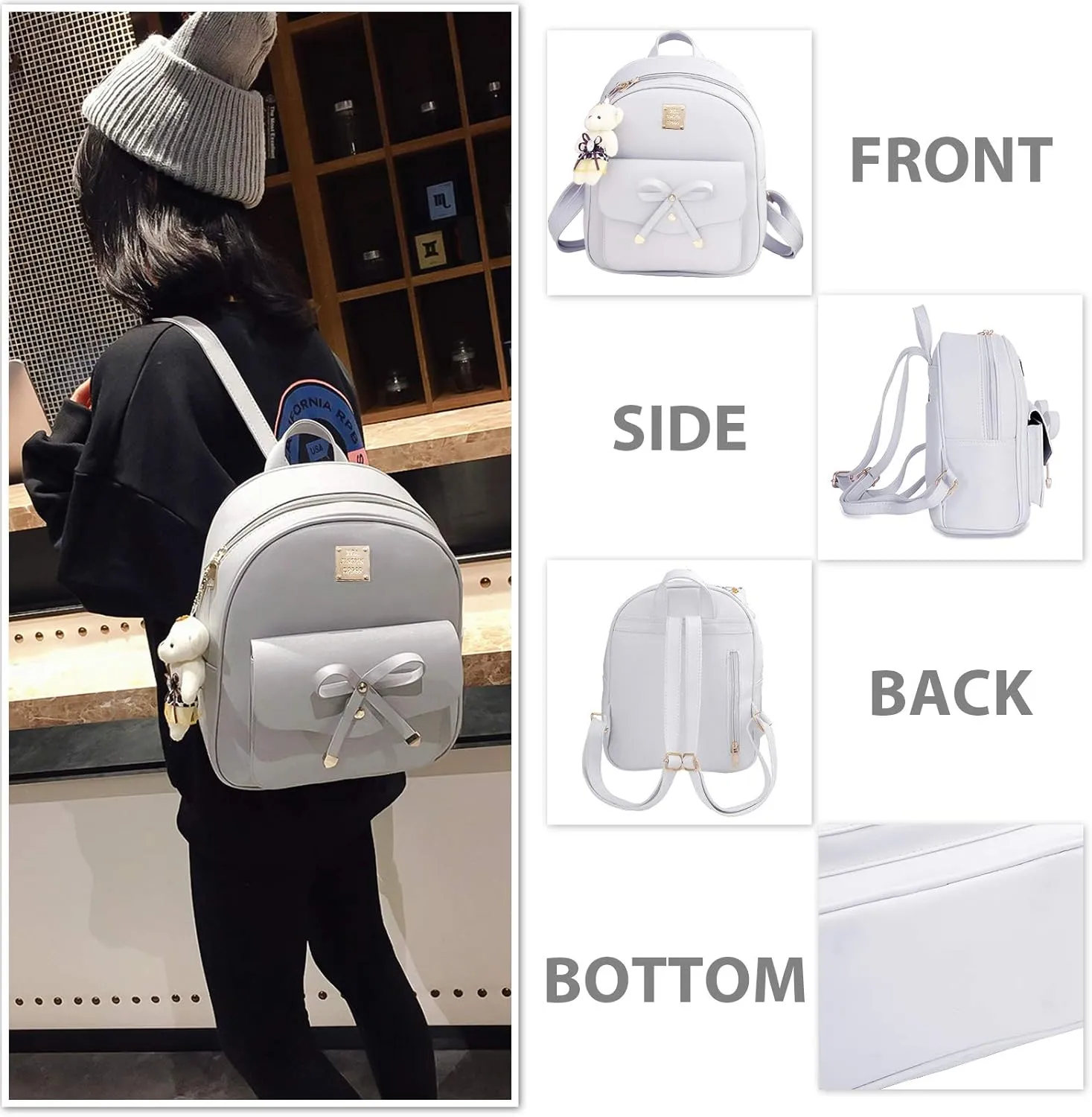 K.E.J. Mini Backpack Bowknot Leather Backpack Purse 3-PCS Cute Small Backpack for Women Ladies