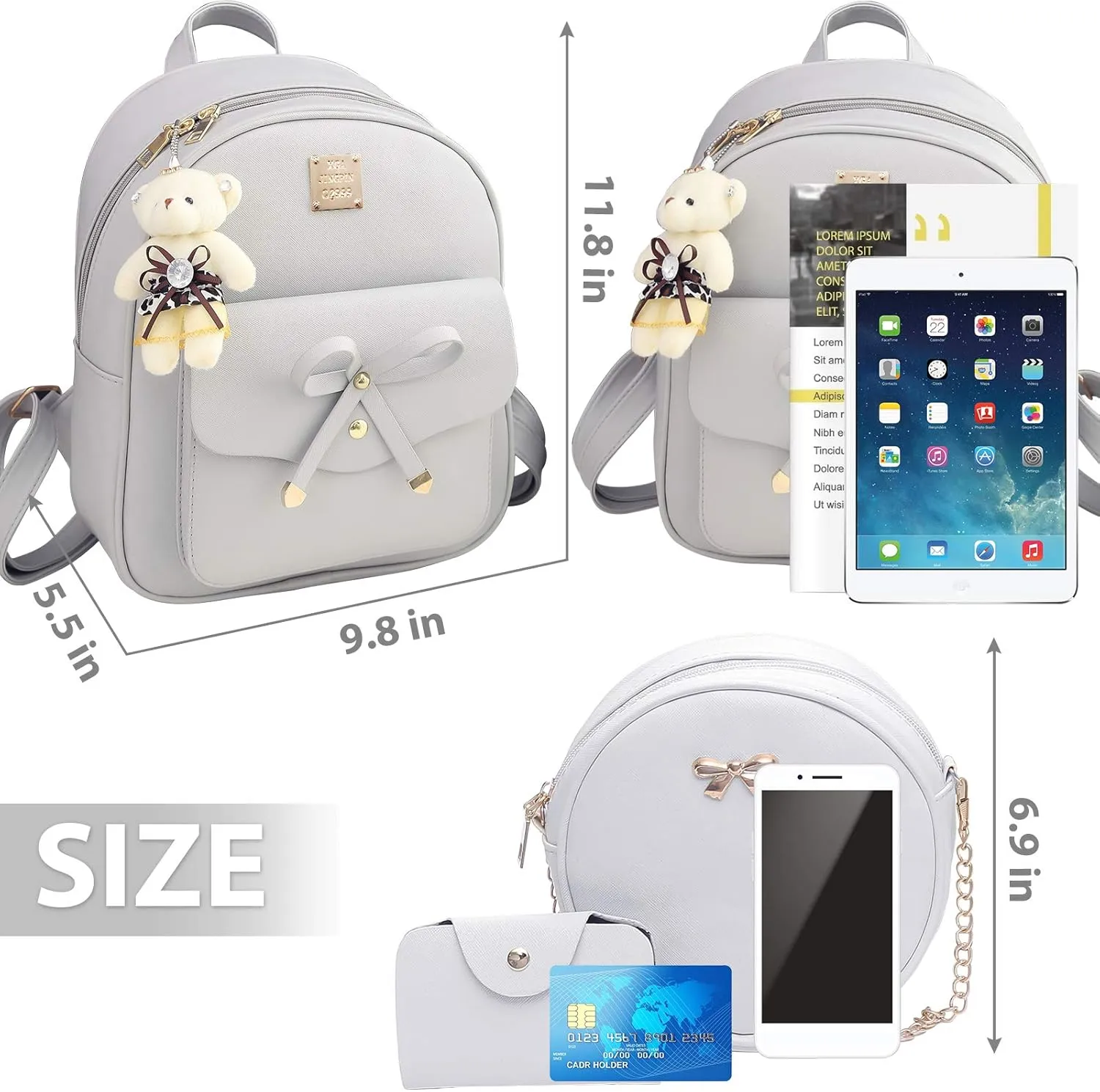K.E.J. Mini Backpack Bowknot Leather Backpack Purse 3-PCS Cute Small Backpack for Women Ladies
