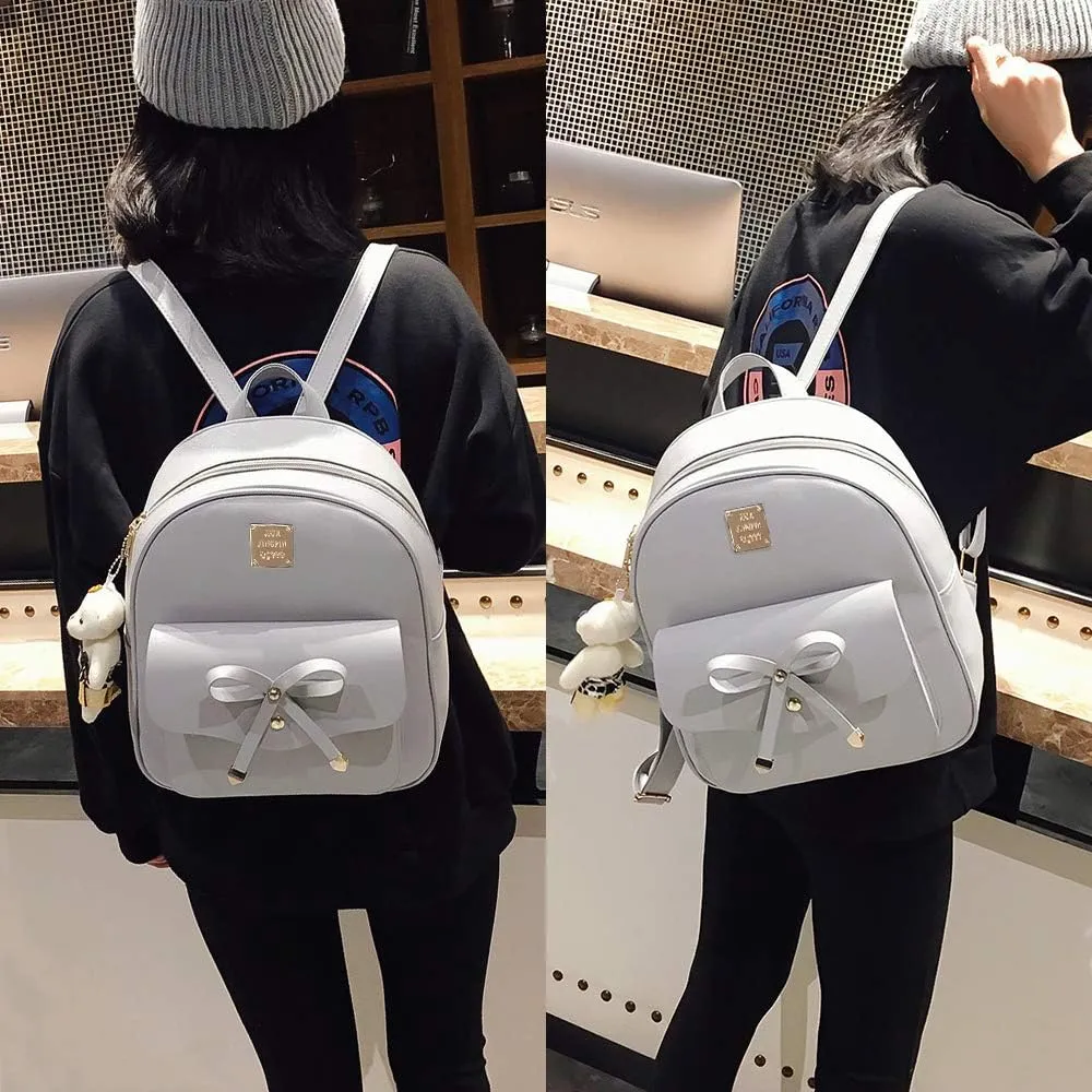 K.E.J. Mini Backpack Bowknot Leather Backpack Purse 3-PCS Cute Small Backpack for Women Ladies