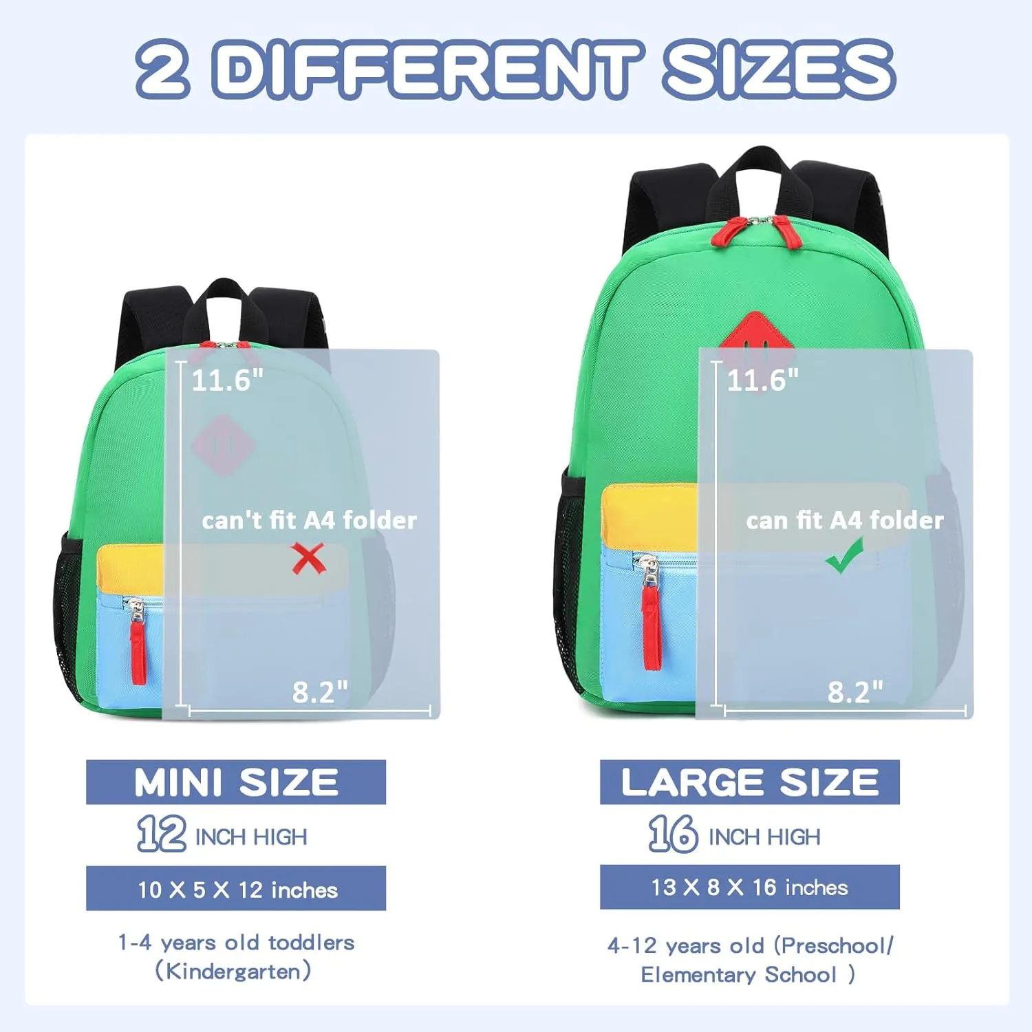 Kids Backpack, 16'' Lightweight School Backpack for Boys Girls,Casual Bookbag for Primary Elementary Middle School,Age 5-14,Green and Blue,Large Size