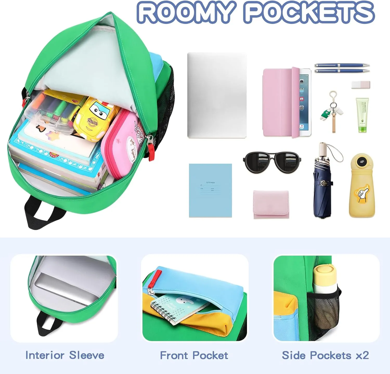 Kids Backpack, 16'' Lightweight School Backpack for Boys Girls,Casual Bookbag for Primary Elementary Middle School,Age 5-14,Green and Blue,Large Size