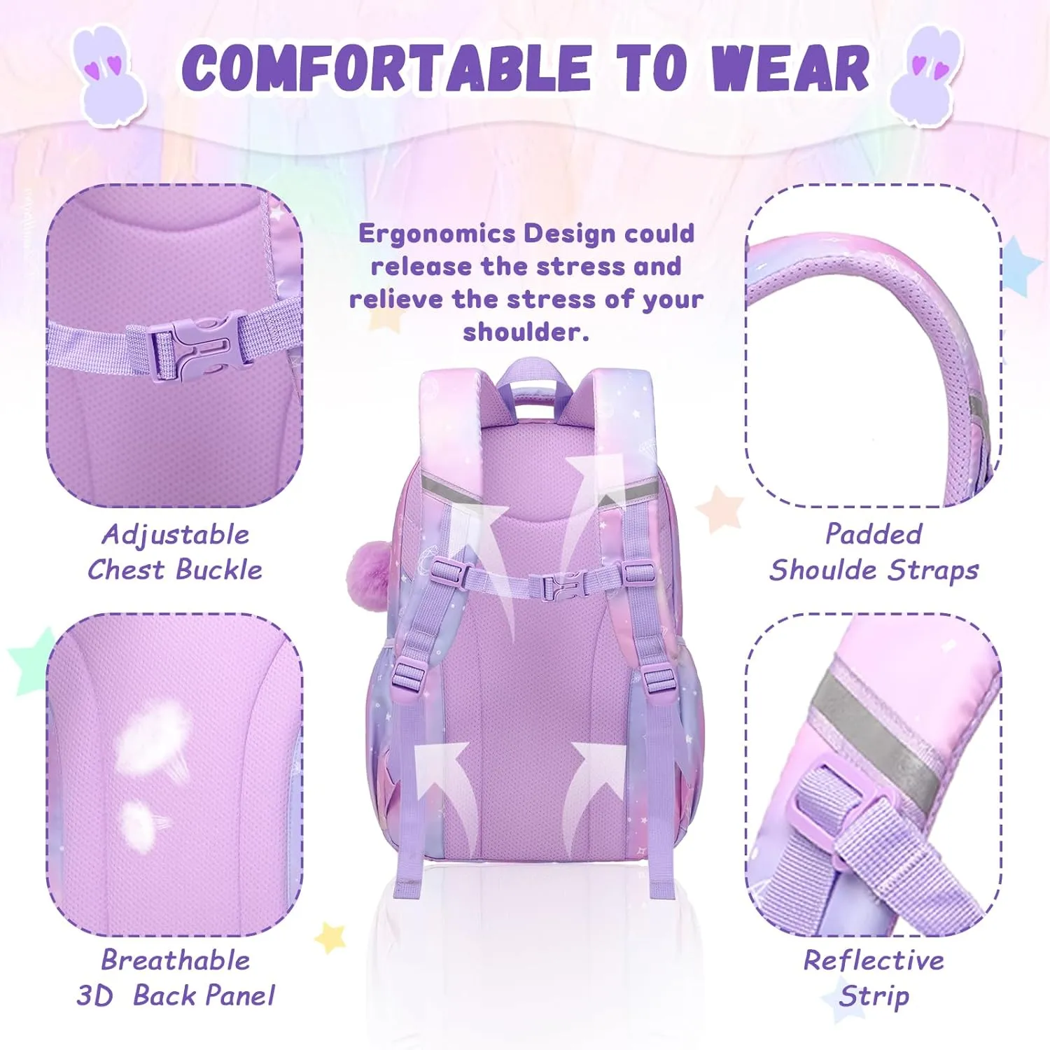 Kids Backpack for Girls - Middle School & Elementary School - Kawaii Ita Backpack - Purple