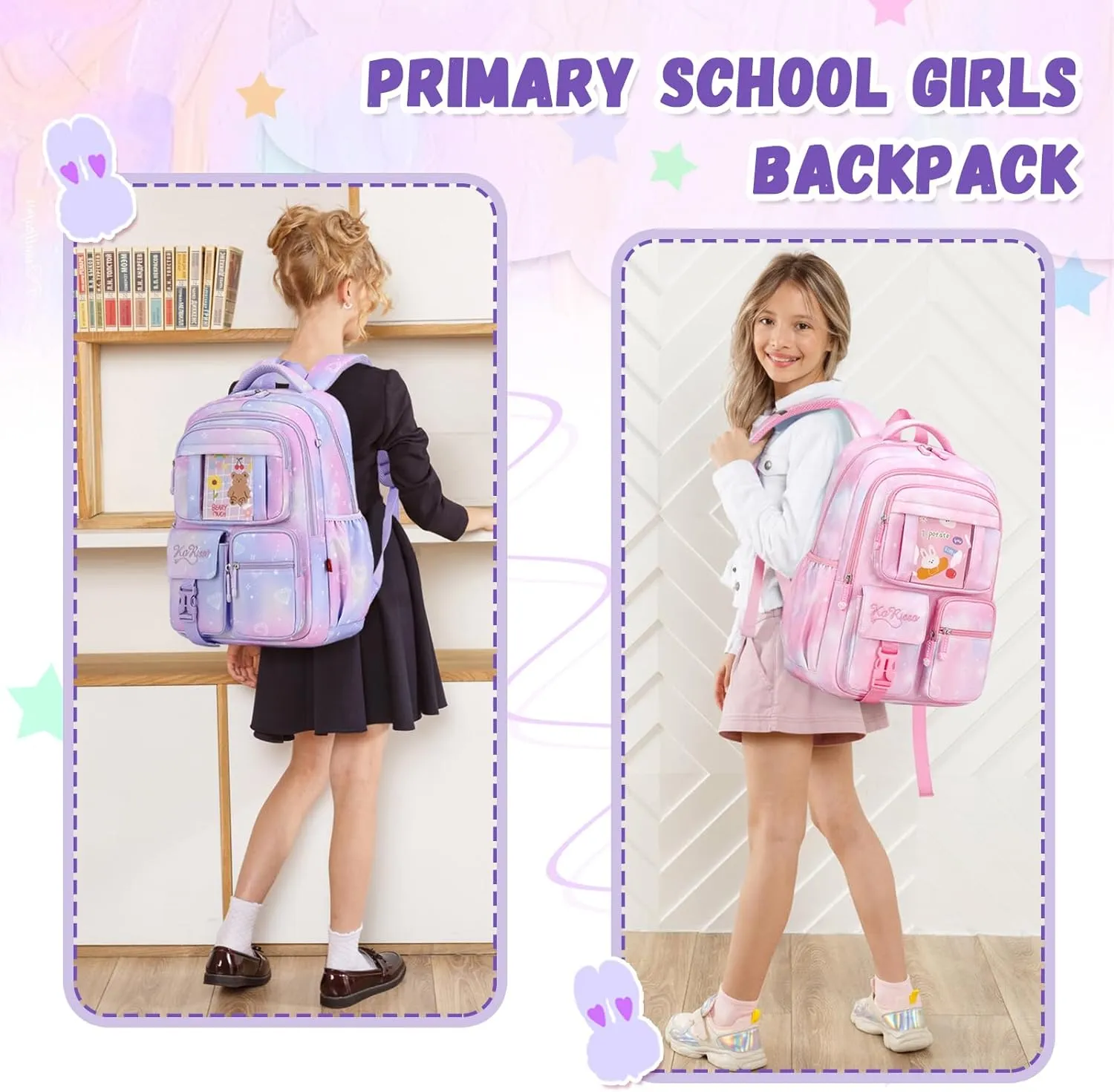 Kids Backpack for Girls - Middle School & Elementary School - Kawaii Ita Backpack - Purple