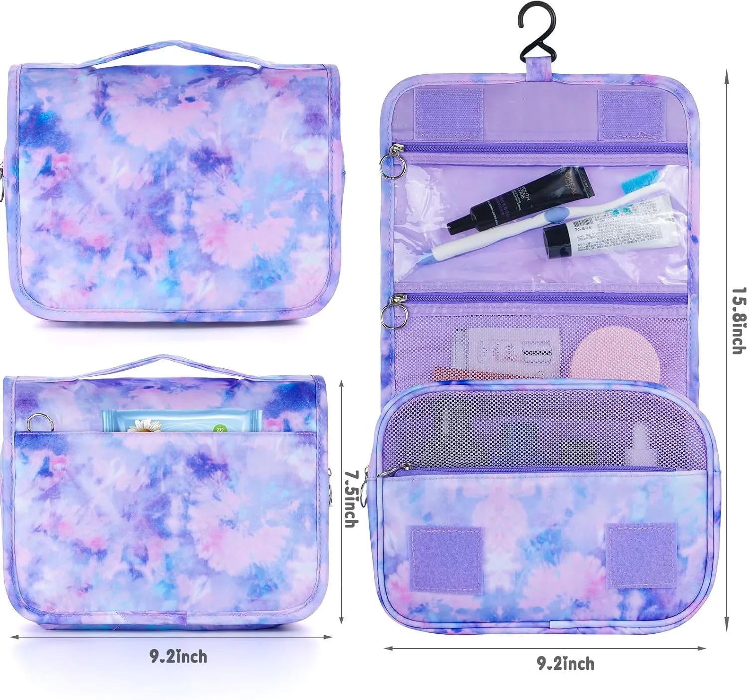 Kids Hanging Toiletry Bag for Girls, Travel Toiletry Bag for Little Young Girls Cosmetic Makeup Waterproof Wash Bag Toddler Traveling Toiletries, Tie Dye Purple