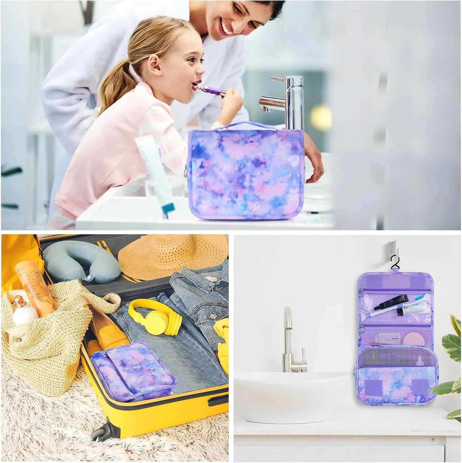 Kids Hanging Toiletry Bag for Girls, Travel Toiletry Bag for Little Young Girls Cosmetic Makeup Waterproof Wash Bag Toddler Traveling Toiletries, Tie Dye Purple