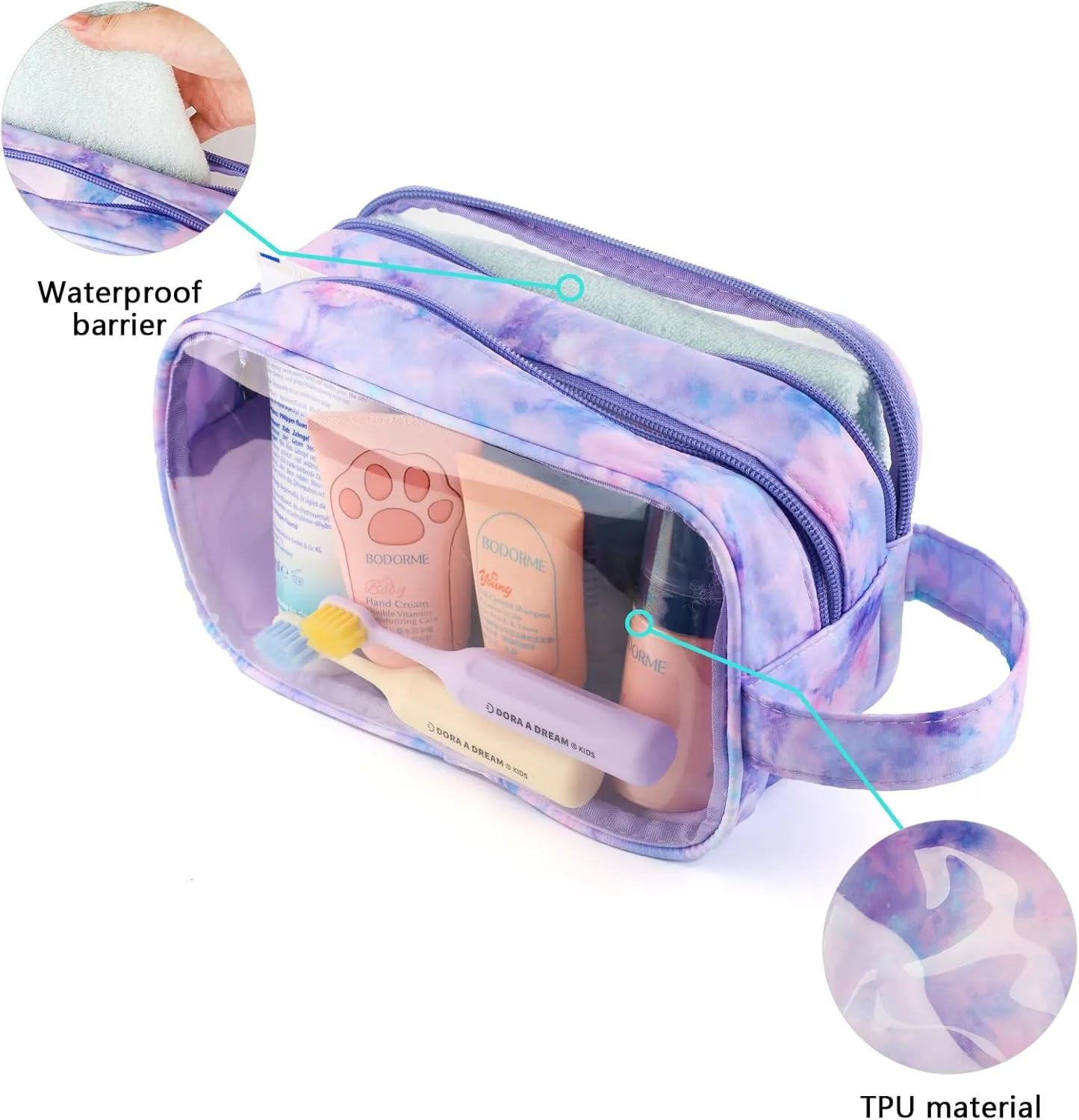 Kids Toiletry Bag for Girls, Travel Clear Toiletry Bag for Little Young Girls Cosmetic Bag Makeup Bag Waterproof Hanging Toddler Wash Bag, Purple Tie Dye