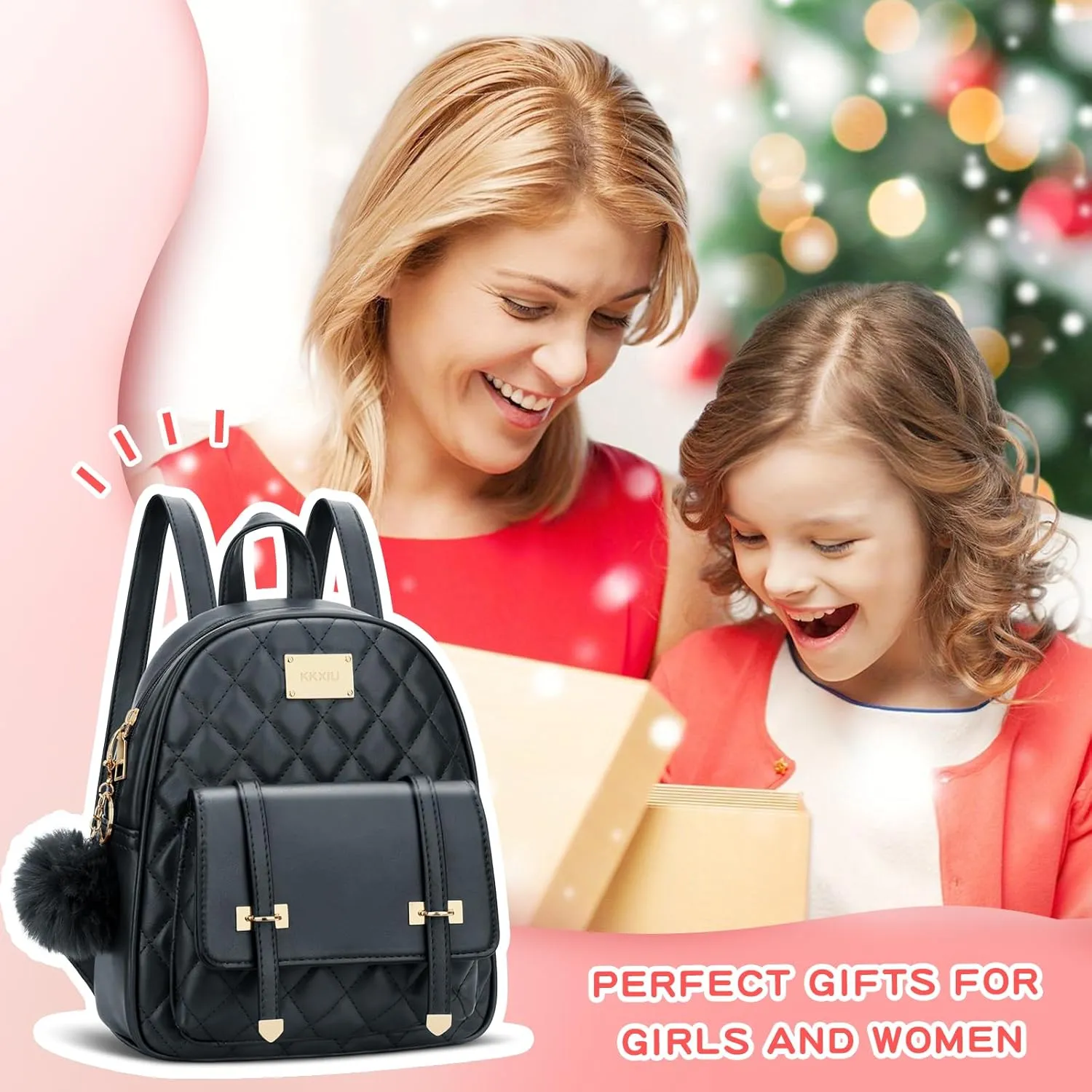 KKXIU Girls Small Backpack Purse Vegan Leather Quilted Mini Daypack for Women Trendy Bookbag (Black)