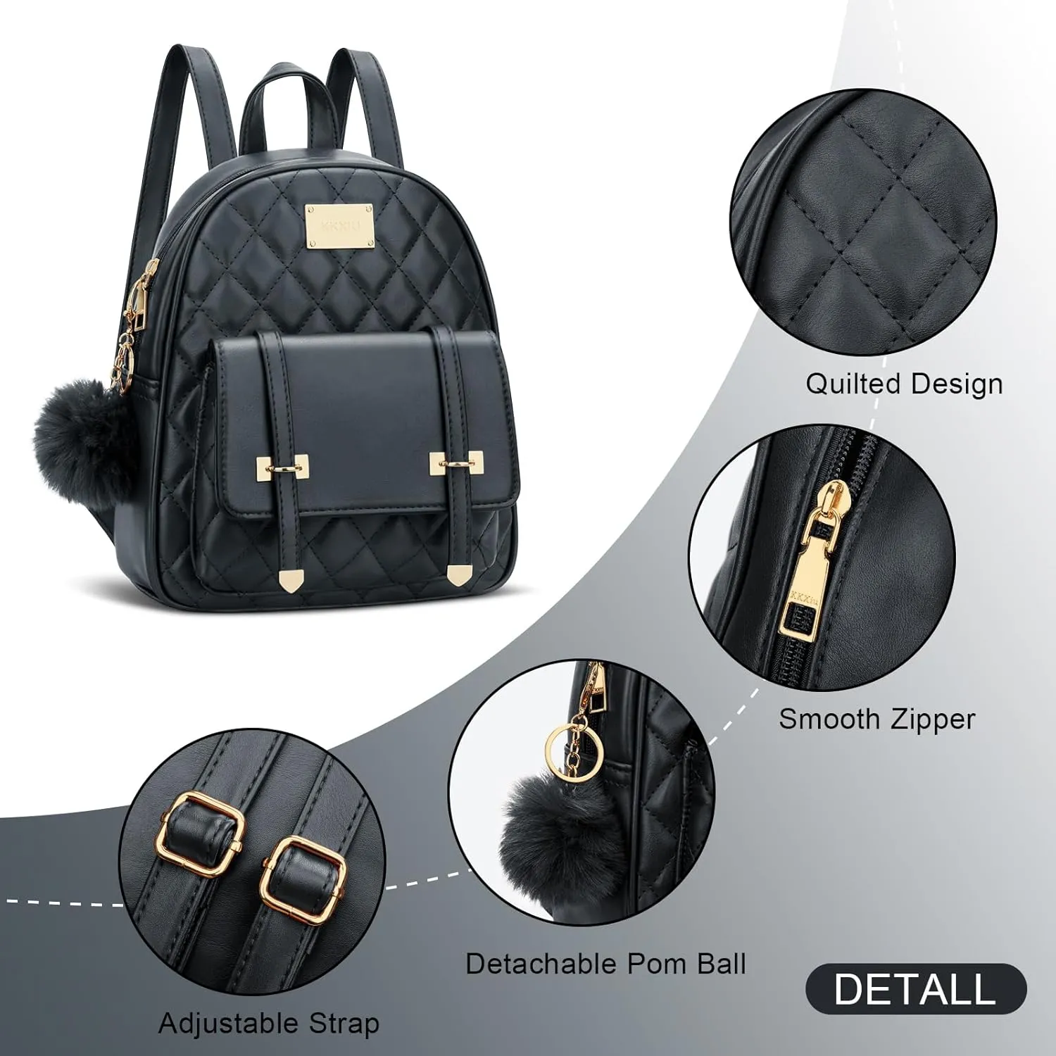 KKXIU Girls Small Backpack Purse Vegan Leather Quilted Mini Daypack for Women Trendy Bookbag (Black)