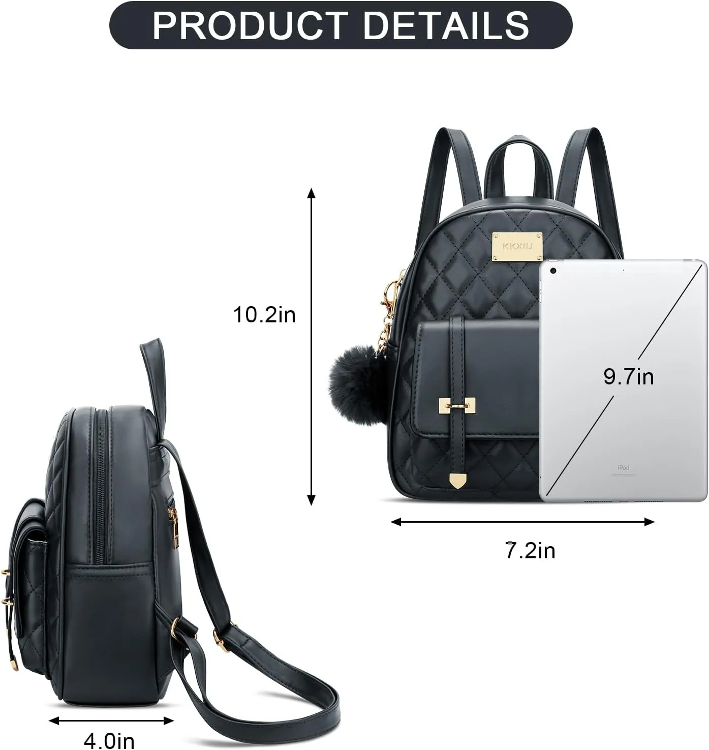 KKXIU Girls Small Backpack Purse Vegan Leather Quilted Mini Daypack for Women Trendy Bookbag (Black)