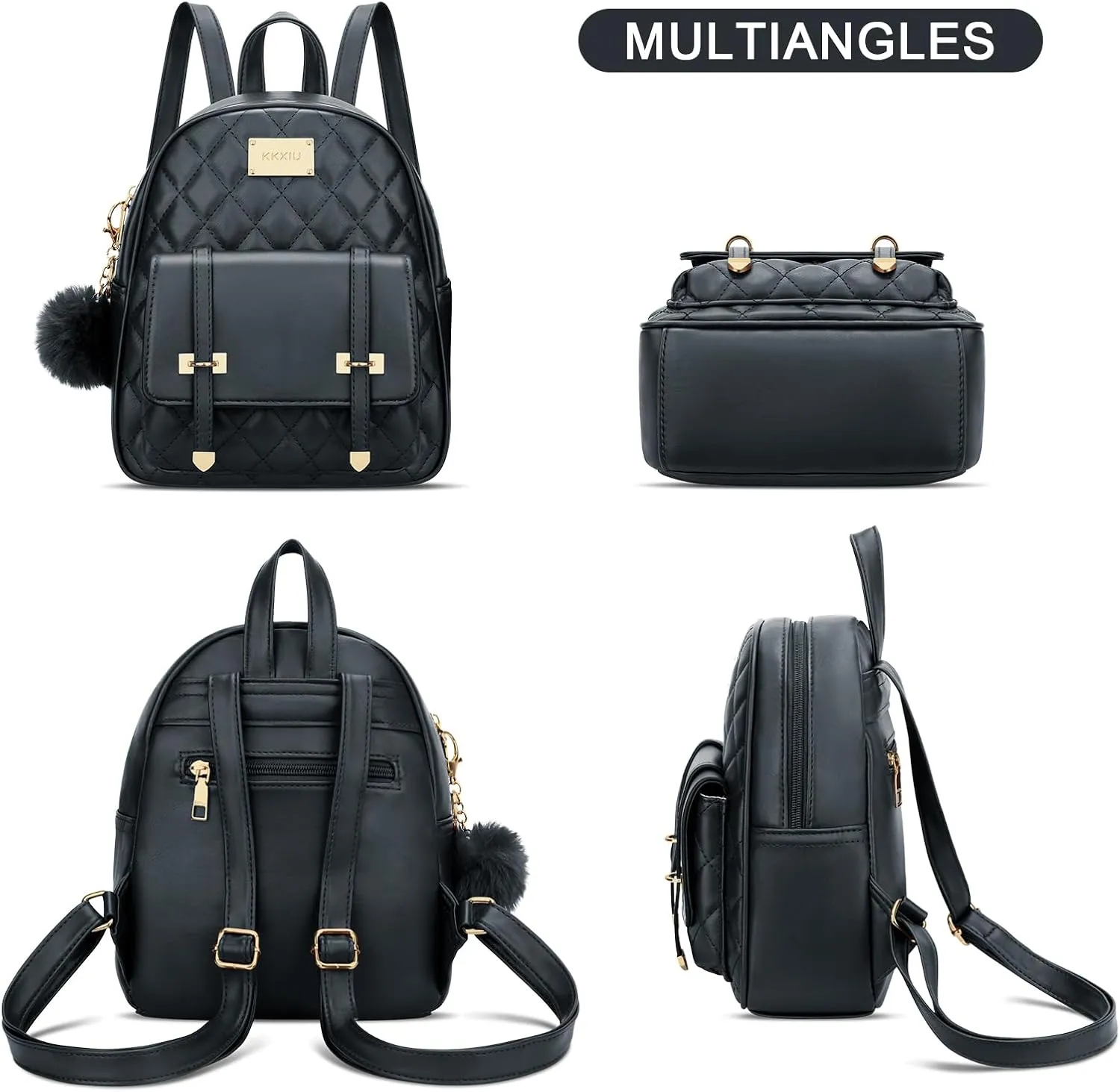 KKXIU Girls Small Backpack Purse Vegan Leather Quilted Mini Daypack for Women Trendy Bookbag (Black)