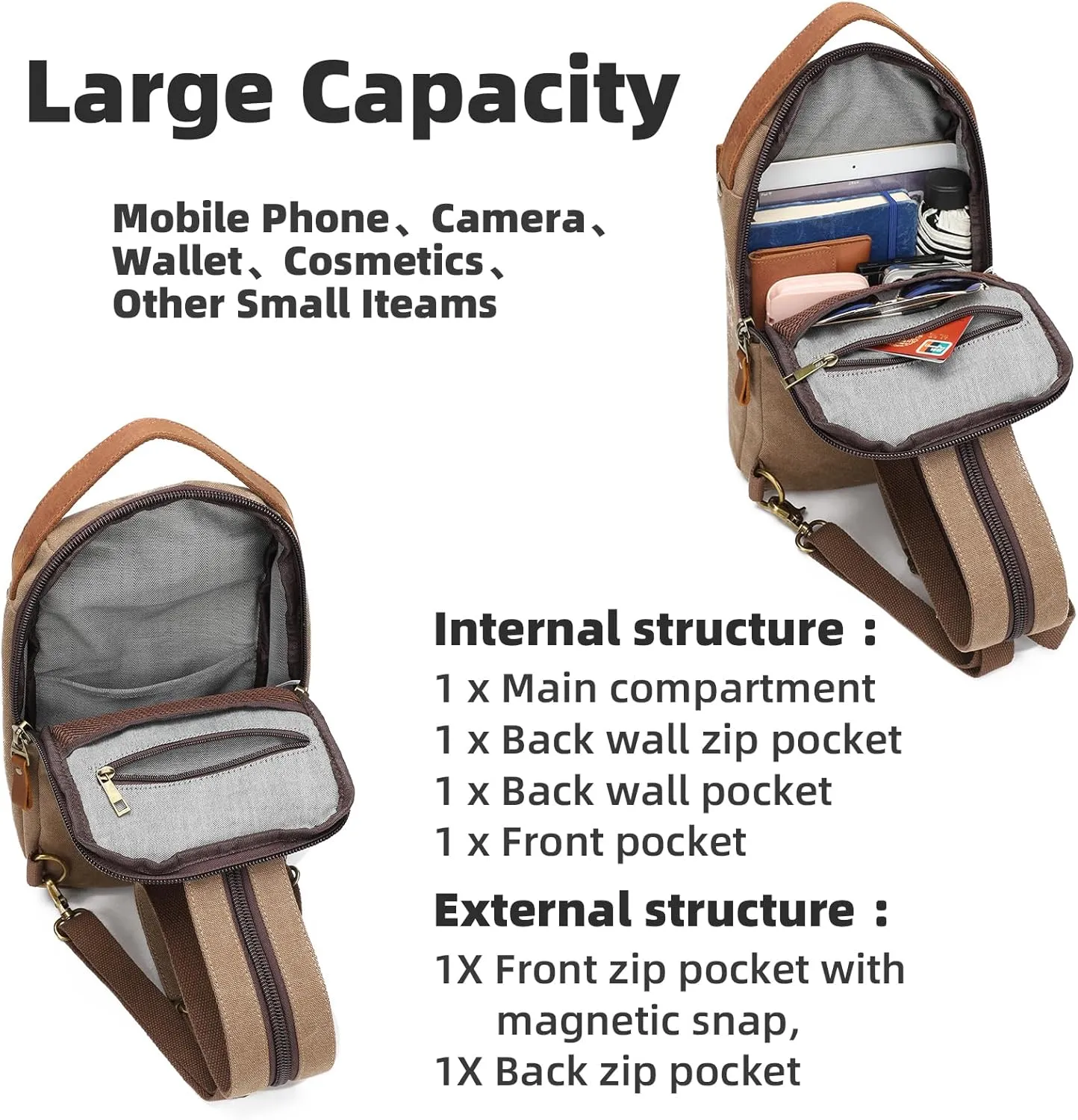 KL928 Canvas Sling Bag Crossbody Backpack Sling Backpack Shoulder Bag Casual Daypacks for Men Women