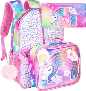 KLFVB 3PCS Unicorn Backpack for Girls, 16" Sequin Kids Bookbag and Lunch Box, Preschool Backpacks for Elementary Students