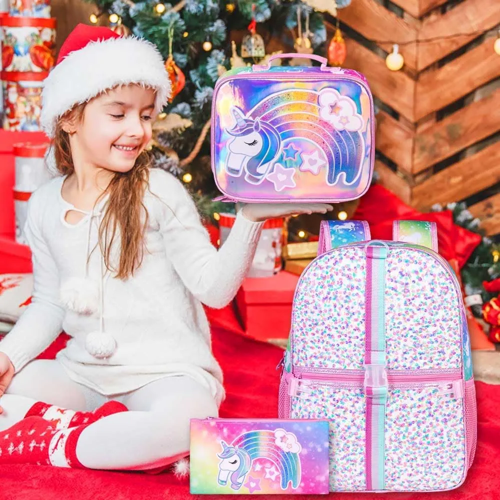 KLFVB 3PCS Unicorn Backpack for Girls, 16" Sequin Kids Bookbag and Lunch Box, Preschool Backpacks for Elementary Students