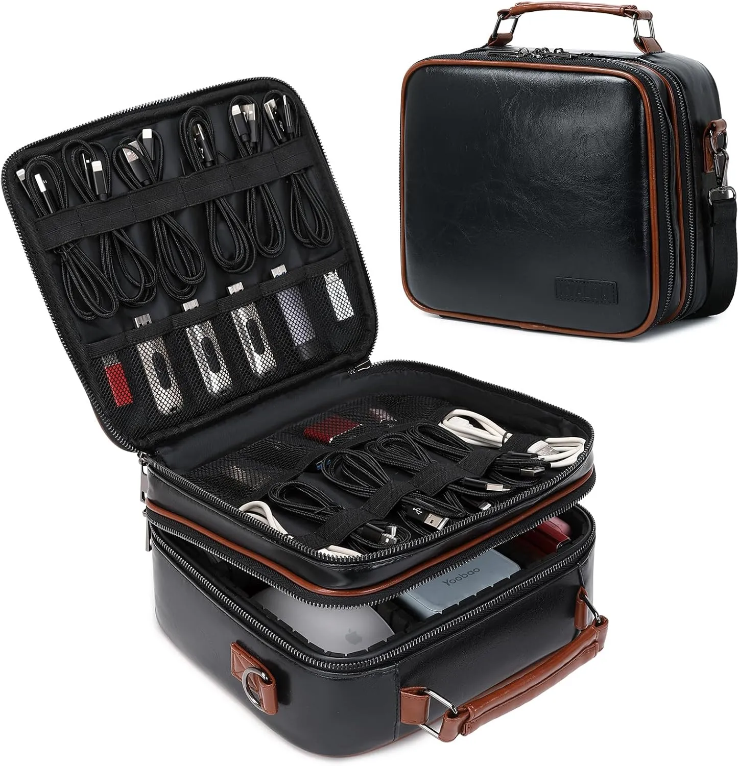 KYALOU Electronics Travel Organizer, Large Electronic Accessories Cable Case with Adjustable Dividers, Waterproof Tech Storage Bag Gifts with Double Layers for Cord, Charger, Power Bank - Black