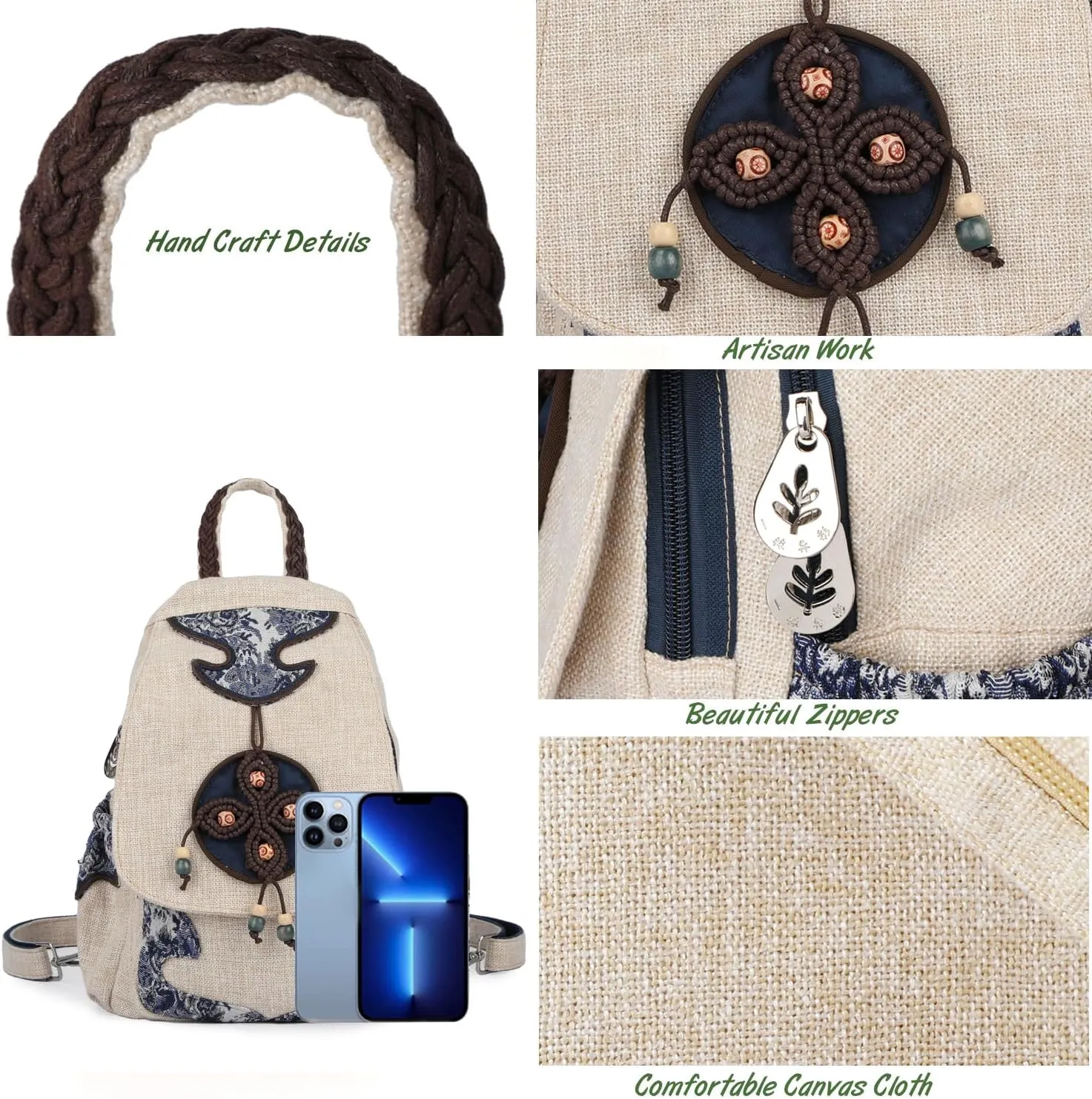 Lady's Convertible Sling Bag, Hand Craft Artisan Purse, Flower Straw Garden Stylish Canvas Casual Day Mini Backpack for Women