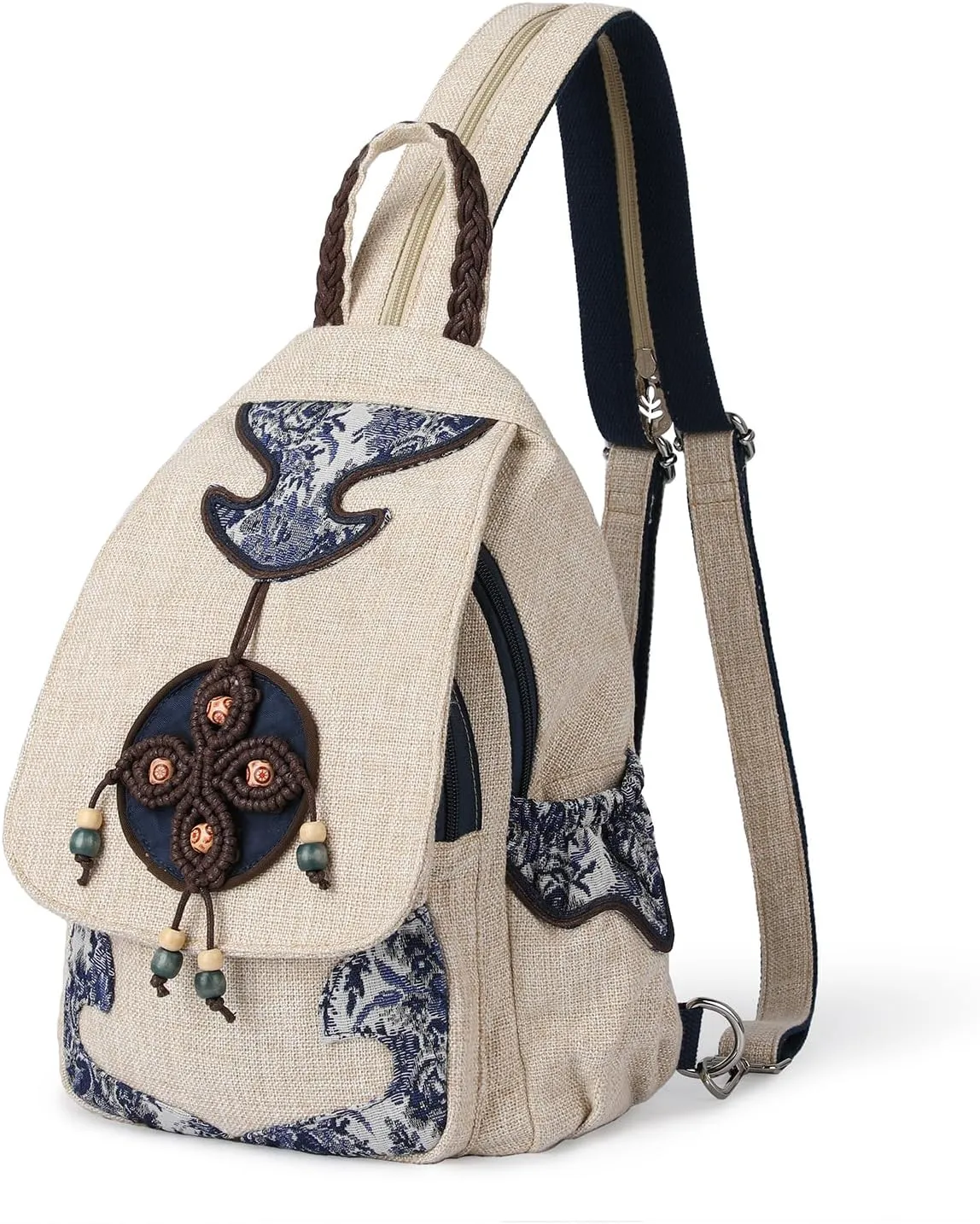 Lady's Convertible Sling Bag, Hand Craft Artisan Purse, Flower Straw Garden Stylish Canvas Casual Day Mini Backpack for Women